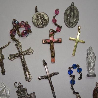 Antique Rosary Crosses, Charms, Prayer Relics, Medals, Mother of Pearl Bethlehem Star 