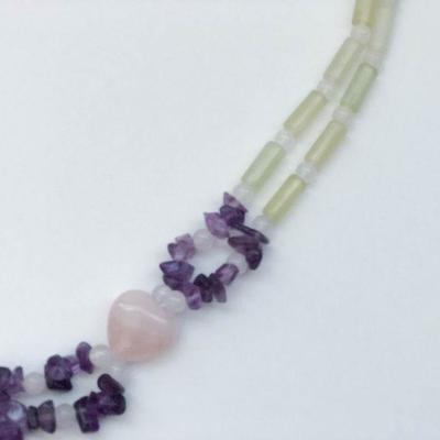 J1:  Beaded Amethyst Rose Quartz necklace with a sterling silver clasp.