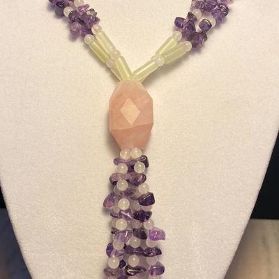 J1:  Beaded Amethyst Rose Quartz necklace with a sterling silver clasp.