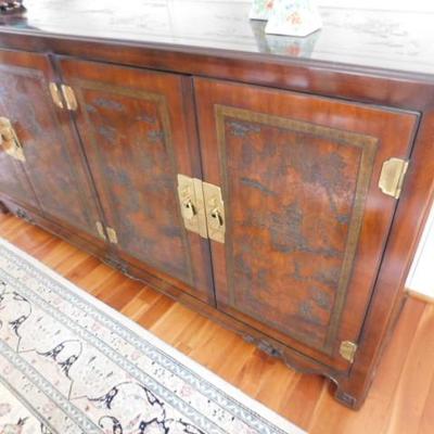 Vintage Solid Wood Chinoiserie Buffet with Brass Fixtures and Relief Carvings by Drexel Heritage 73