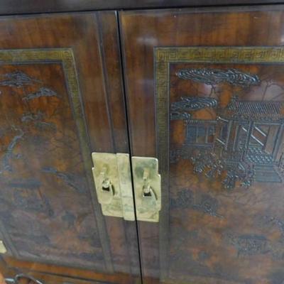 Vintage Solid Wood Chinoiserie Buffet with Brass Fixtures and Relief Carvings by Drexel Heritage 73