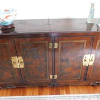 Vintage Solid Wood Chinoiserie Buffet with Brass Fixtures and Relief Carvings by Drexel Heritage 73
