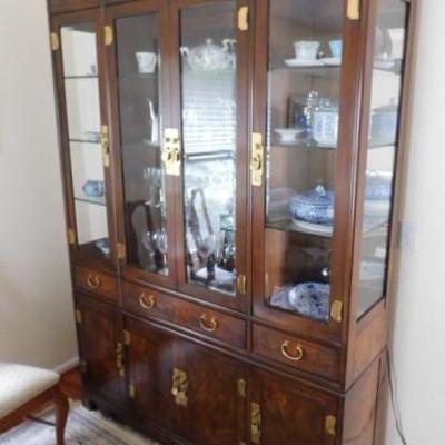 Vintage Solid Wood Chinoiserie China Hutch with Brass Fixtures and Relief Carvings by Drexel Heritage 61