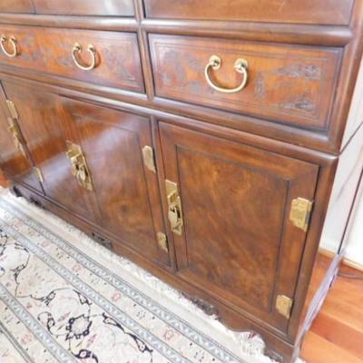 Vintage Solid Wood Chinoiserie China Hutch with Brass Fixtures and Relief Carvings by Drexel Heritage 61