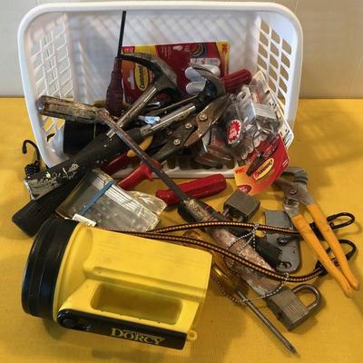 #158 Basket of Tools: Flash light, plyers, screwdrivers 