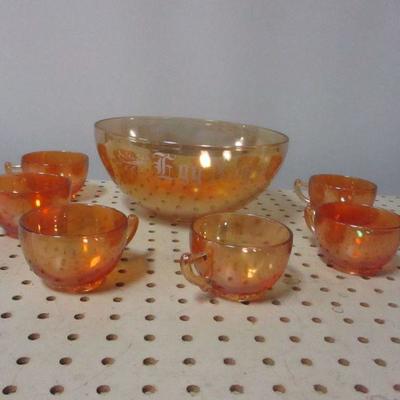Lot 16 - Carnival Glass Egg Nog Set With 6 Cups/Mugs