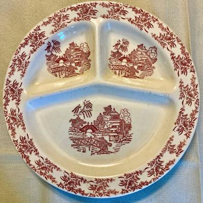 #24   ANTIQUE RED & WHITE DIVIDED DINNER PLATES TRANSFER WARE ASIAN THEME