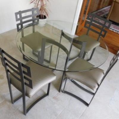 Contemporary Glass Top Table with Modern Design Chair Metal Frame and Cushion Seats 48