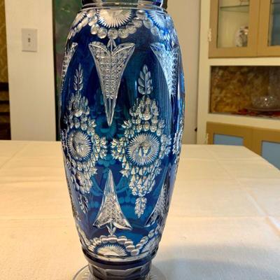 #37  BLUE CUT TO CLEAR BOHEMIAN CRYSTAL VASE 
