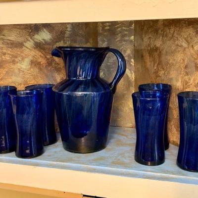 #46   VINTAGE HAND BLOWN COBALT BLUE GLASS LEMONADE SET