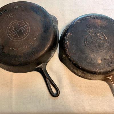 #55  ANTIQUE GRISWALDS CAST IRON SKILLETS & SELF BASTING SKILLET LID