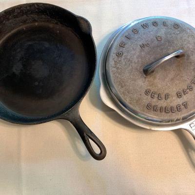 #55  ANTIQUE GRISWALDS CAST IRON SKILLETS & SELF BASTING SKILLET LID