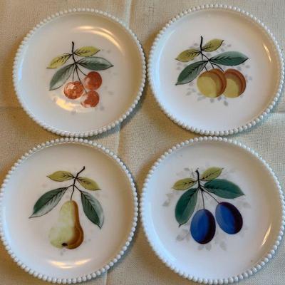 #67    VINTAGE SET OF MODERNIST FRUIT PLATES HAND PAINTED ON MILK GLASS