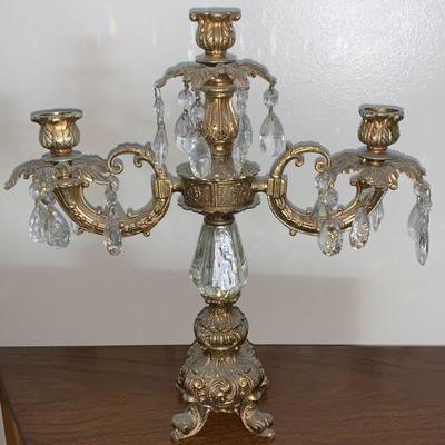 #74    VINTAGE DRIPPPY SINGLE 3 LIGHT CANDLELABRA GOLD FINISH CRYSTALS