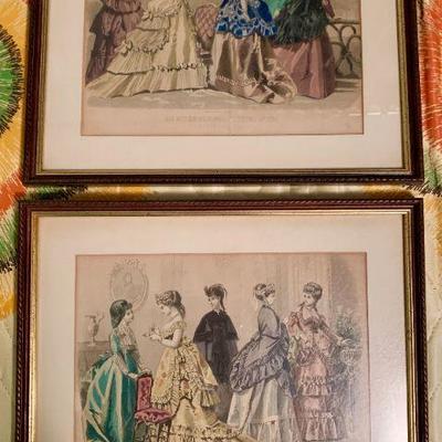 #78  ANTIQUE PAIR OF FRAMED LADY GODEY FASHION PRINTS 