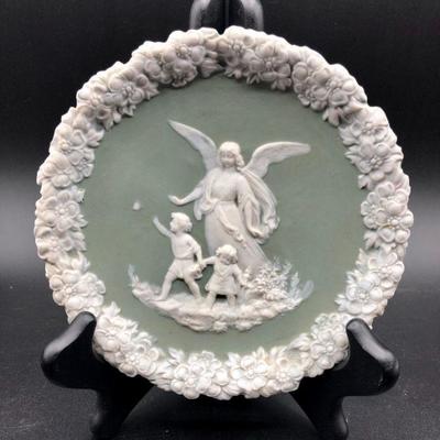 Sage Green Jasperware Style Collectors Plate Angel with Children