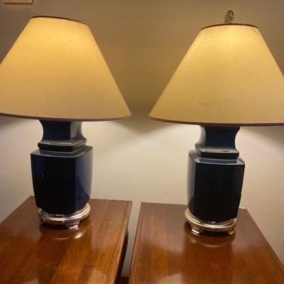 106: Pair of Navy Blue Pottery Lamps with Silver Tone Base 