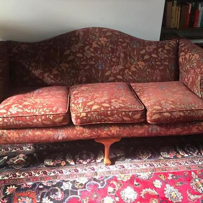 120: Burgundy Floral Camelback Sofa 