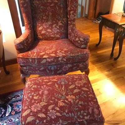 121: Burgundy Floral Wingback Chair and Ottoman 