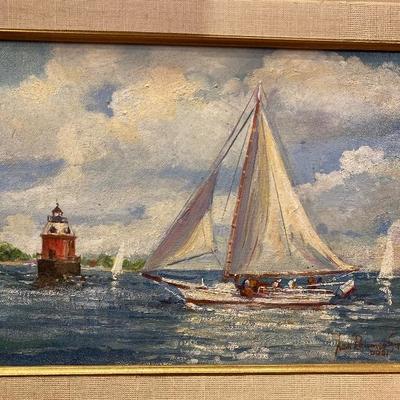 156: Framed Original Oil on Canvas of Log Canoe by Jean Ranney Smith 
