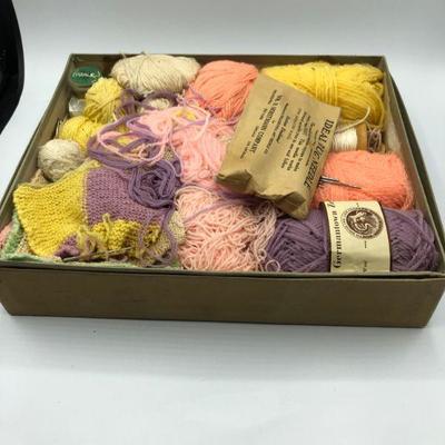 Vintage Springtime Colors Yarn Lot with Rug Needles Knitted Squares 