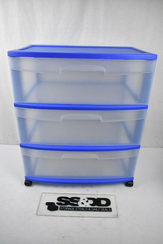 Sterilite 3 Drawer Wide Cart, Blue & Clear with Casters