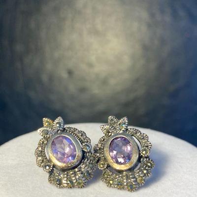 J8:   two pair 925 Amethyst and Marcasite Earrings