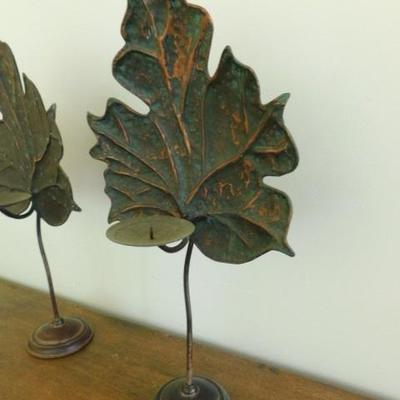 Pair of Large Metal Art Leaf Candle Holders 11