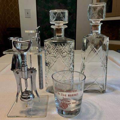 #87     BARWARE DECANTERS BAR SET ANNIVERSARY GLASS MARINE WEAPONS CO