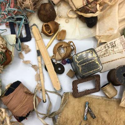 Mixed Lot of Antique Vintage Sewing Collectibles with Basket