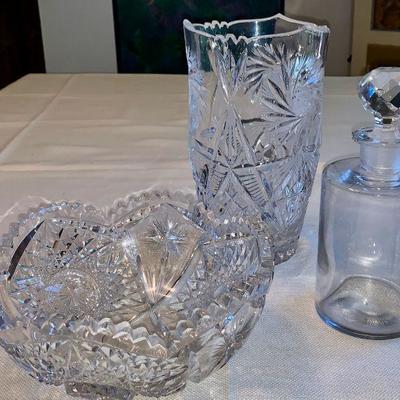 #119  CUT CRYSTAL PIECES  BOWL VASE & DECANTER