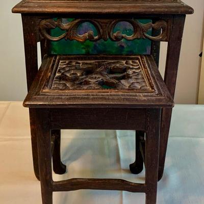 #127    ANTIQUE ASIAN NESTING TABLES CHERRY BLOSSOMS CARVING