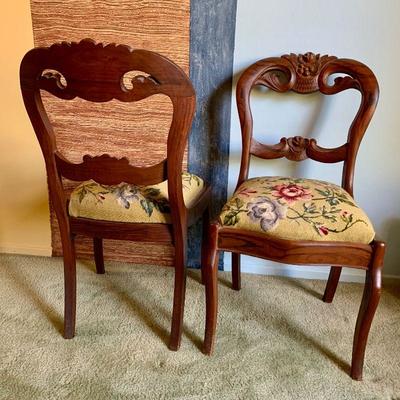 #128     PAIR VICTORIAN ANTIQUE OPEN BACK SIDE CHAIRS NEEDLEPT SEATS