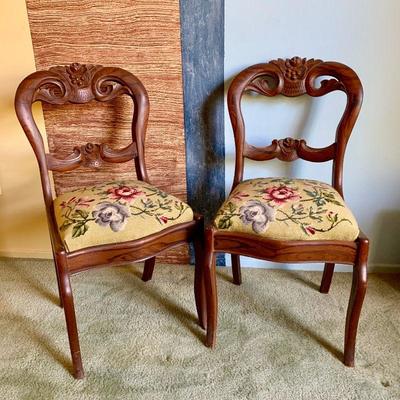 #128     PAIR VICTORIAN ANTIQUE OPEN BACK SIDE CHAIRS NEEDLEPT SEATS