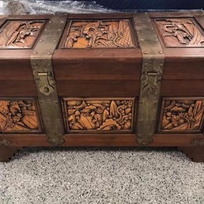 Beautiful Ornate Asian Carved Wood Trunk 35â€ x 16â€ x 19â€ 