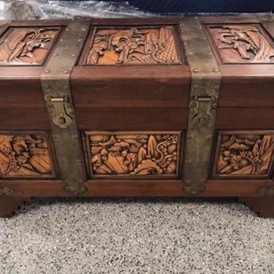 Beautiful Ornate Asian Carved Wood Trunk 35â€ x 16â€ x 19â€ 