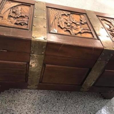 Beautiful Ornate Asian Carved Wood Trunk 35â€ x 16â€ x 19â€ 