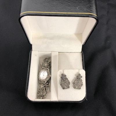 .185. Marcasite Watch and Earrings Set