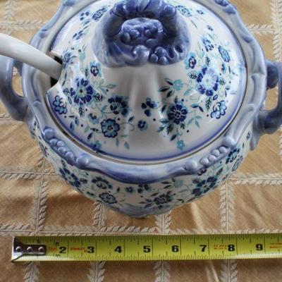 Lot #9: Vintage Ceramic Serving Dish w/ Slotted Lid and Spoon