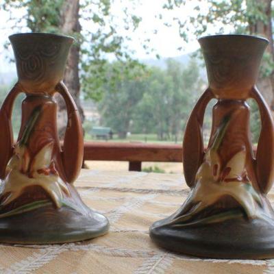 Lot #15: Pair of ROSEVILLEâ„¢ Candle Holders (one shows damage)