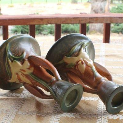 Lot #15: Pair of ROSEVILLEâ„¢ Candle Holders (one shows damage)