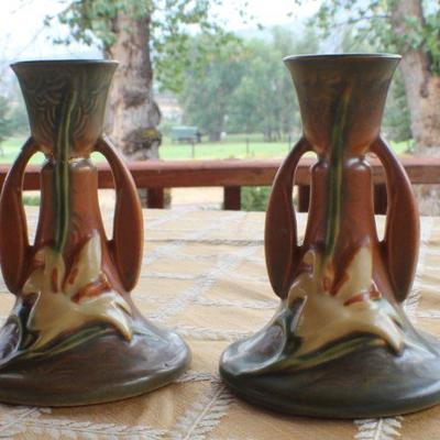 Lot #15: Pair of ROSEVILLEâ„¢ Candle Holders (one shows damage)