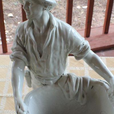 Lot #28: Vintage MARWALâ„¢ White ChalkWare Sculpture of Man w/ Harvest Basket