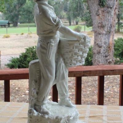 Lot #28: Vintage MARWALâ„¢ White ChalkWare Sculpture of Man w/ Harvest Basket