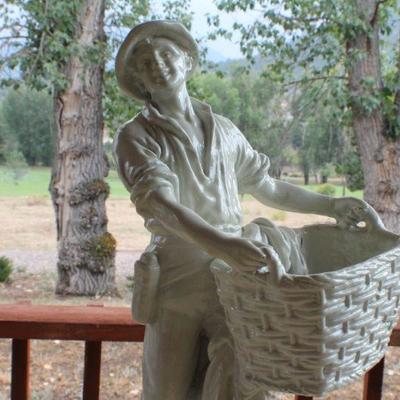 Lot #28: Vintage MARWALâ„¢ White ChalkWare Sculpture of Man w/ Harvest Basket