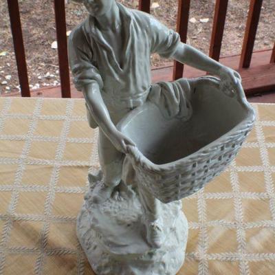 Lot #28: Vintage MARWALâ„¢ White ChalkWare Sculpture of Man w/ Harvest Basket