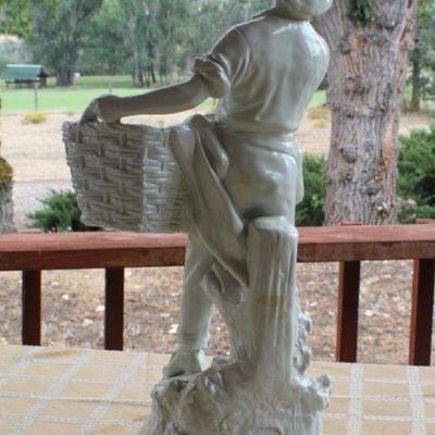 Lot #28: Vintage MARWALâ„¢ White ChalkWare Sculpture of Man w/ Harvest Basket