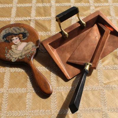 Lot #35: Vintage Hand Mirror and Copper Crumb Duster Set