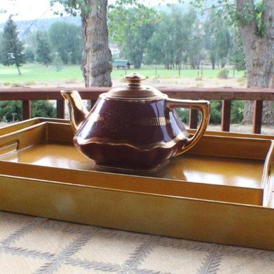 Lot #37: (2) Pier 1â„¢ Serving Trays Gold w/ HALLâ„¢ 6-Cup Teapot