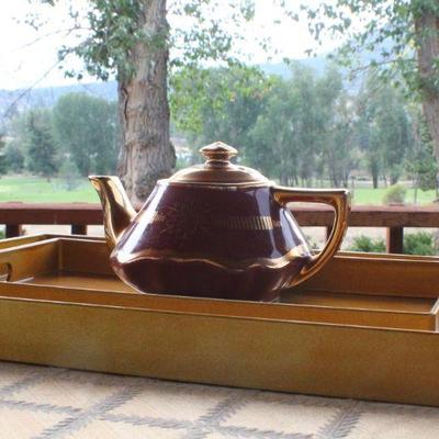 Lot #37: (2) Pier 1â„¢ Serving Trays Gold w/ HALLâ„¢ 6-Cup Teapot